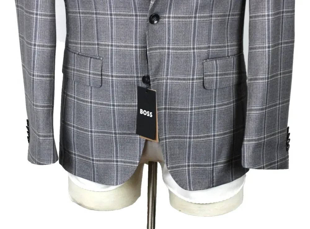 Hugo Boss Hutson Sport Coat 38 R Mens Slim Fit Grey Blue Plaid Tesse Wool Blazer